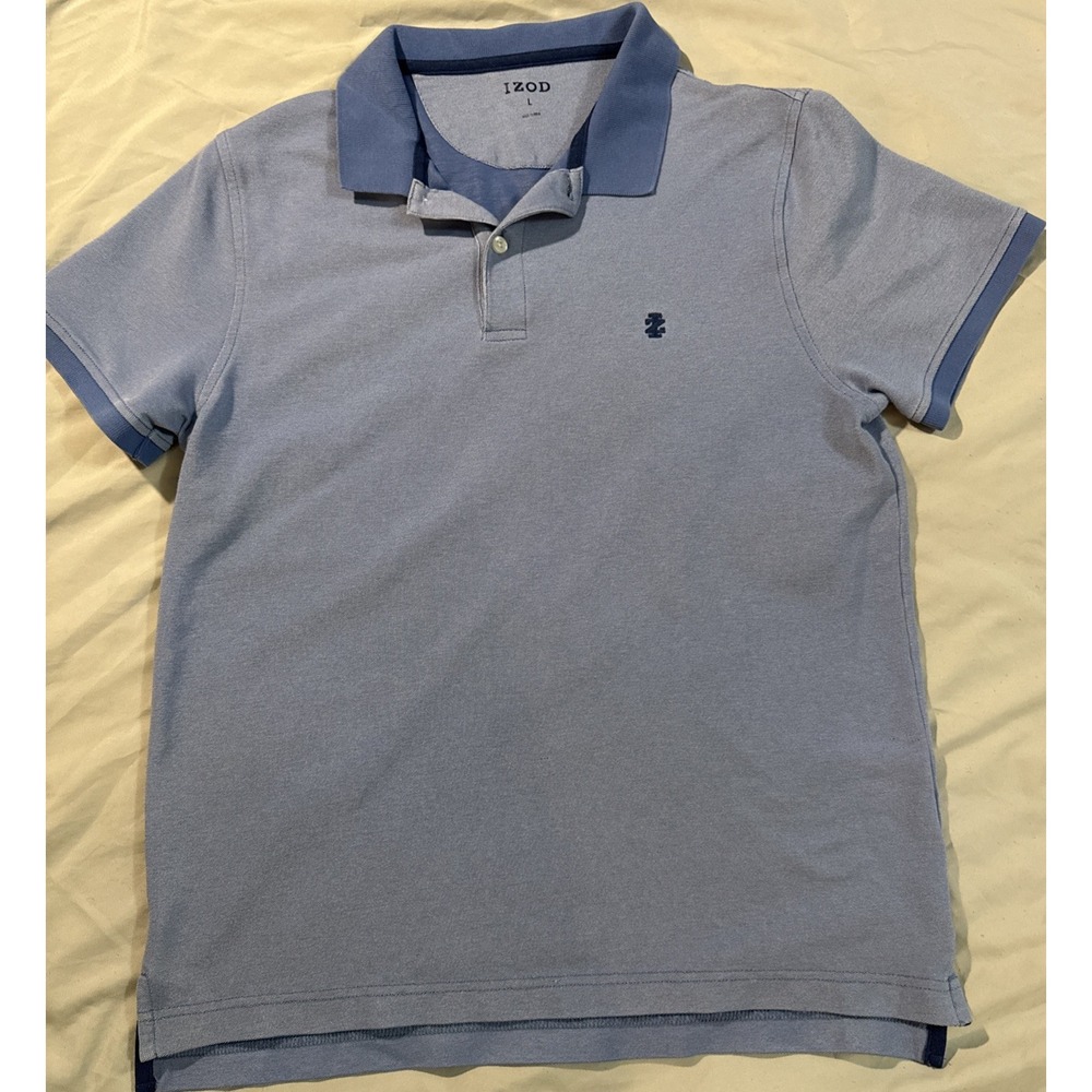 IZOD Mens Short Sleeve Polo Shirt‎ Blue Contrast Collar Large Classic Fit Logo